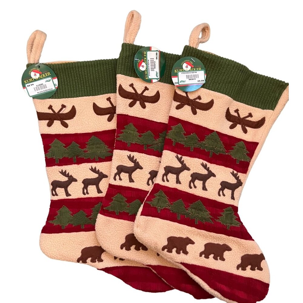 $135 NWT Kurt Adler 3 Christmas Stockings Rustic Cabin Canoe Bear Canada J3387